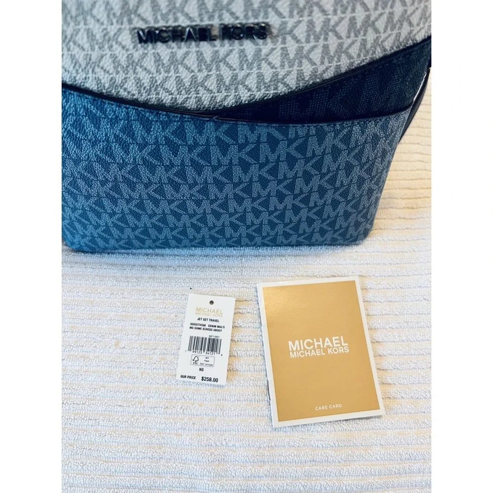 New Michael Kors Jet Set Travel MD Dome Crossbody Bag Signature Blue Multi NWT